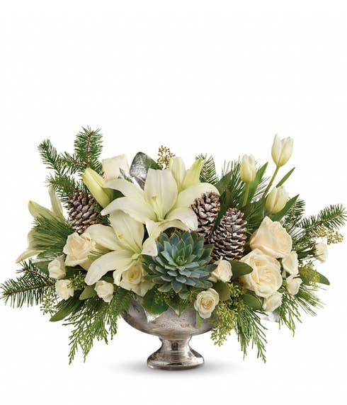 Rustic flower centerpiece for Christmas, holiday or Thanksgiving with eucalyptus