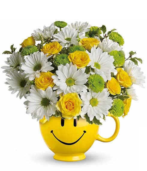 White daisy bouquet delivery with smiley face cup and cheap flowers delivery