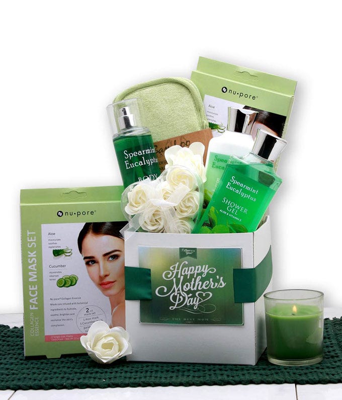 Mother's Day gift basket with Eucalyptus & Spearmint body lotion, bath gel, body spray, bath fizzes, candle, sponge, and face mask, packaged in a gift box with a card and personalized message.
