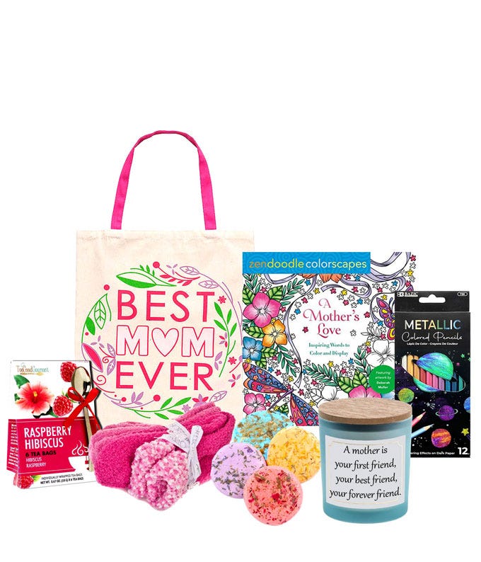 Mother's Day gift bundle with coloring book, colored pencils, candle, shower fizzies, tea with spoon, cozy socks, and 