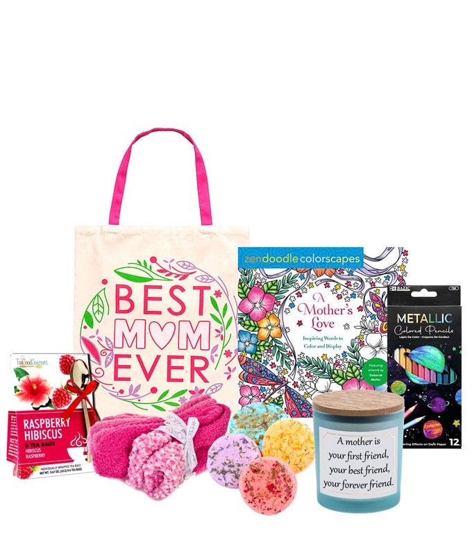 Mother's Day gift bundle with coloring book, colored pencils, candle, shower fizzies, tea with spoon, cozy socks, and