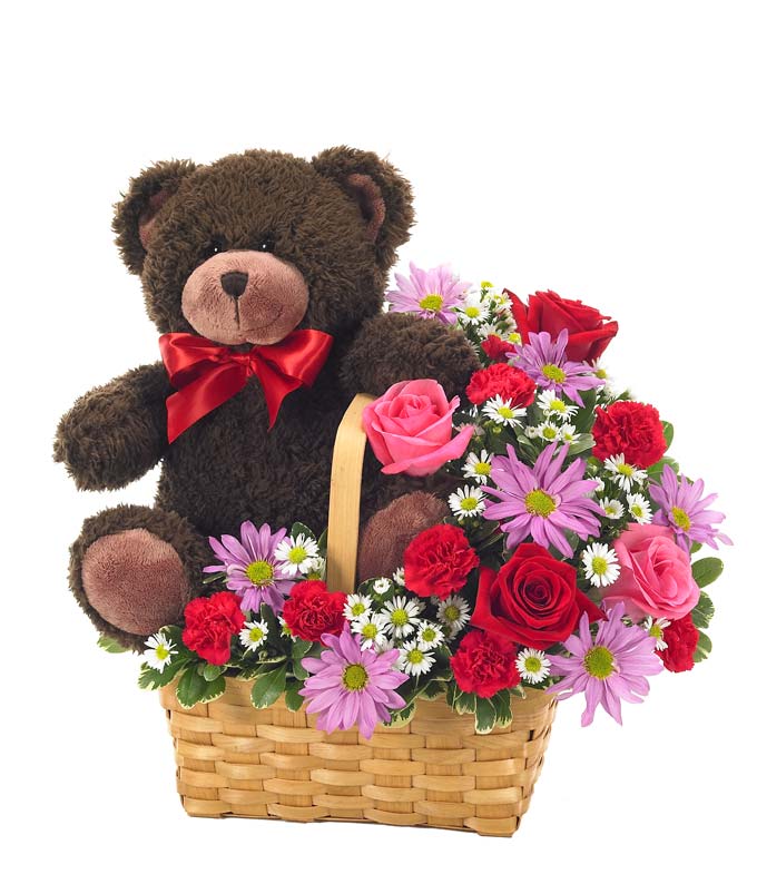 Rose and Teddy Bear Basket at Send Flowers