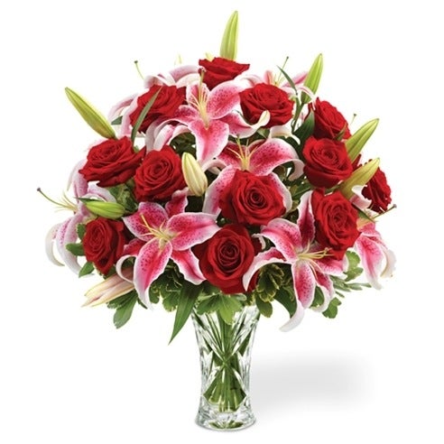 Red roses with Calla Lilies in a Lenox Vase at Send Flowers