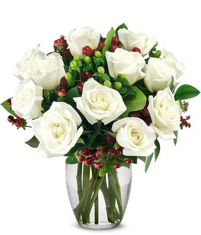 One Dozen White Roses with Christmas Berries