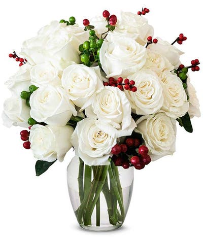 Two Dozen White Roses with Christmas Berries