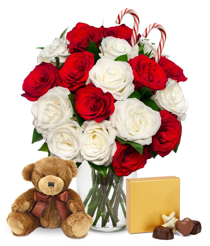 18 Candy Cane Roses with Chocolates and Bear at Send Flowers