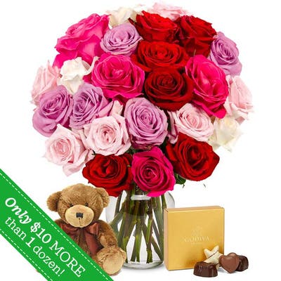 Two Dozen Sweetheart Roses with Teddy Bear & Chocolates