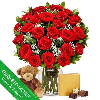 Two Dozen Long Stemmed Red Roses with Teddy Bear and Chocolates