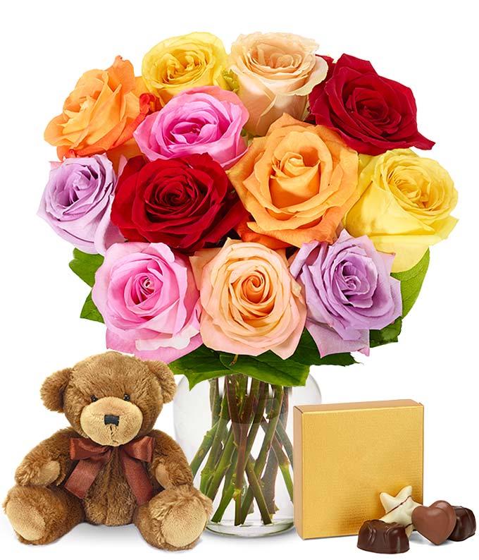 One Dozen Rainbow Roses with Teddy Bear & Chocolates