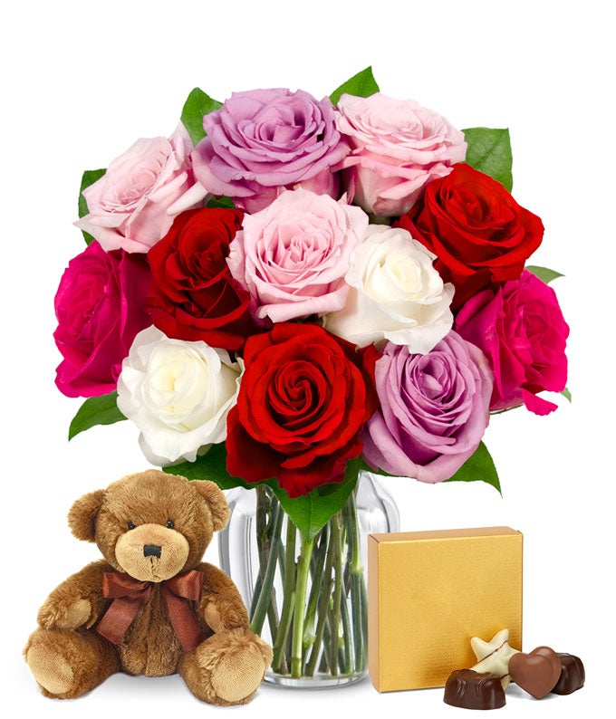 One Dozen Assorted Sweetheart Roses with Teddy Bear & Chocolates at ...