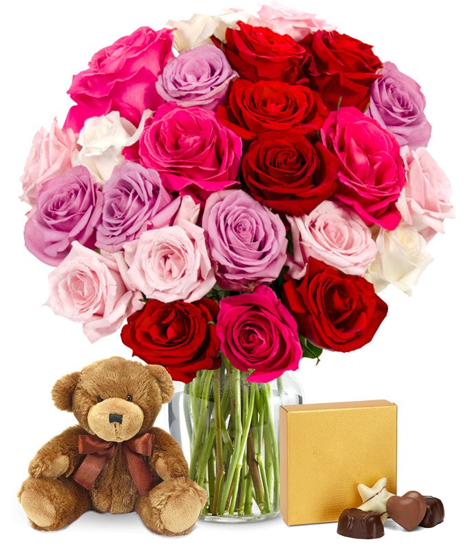 Two Dozen Assorted Sweetheart Roses with Teddy Bear & Chocolates at ...