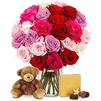 Two Dozen Assorted Sweetheart Roses with Teddy Bear & Chocolates