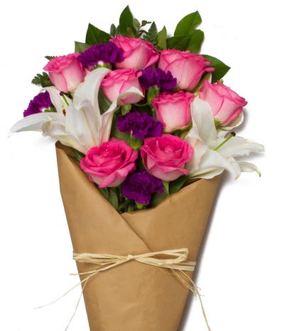 Pink Rose Lily Wrapped Bouquet